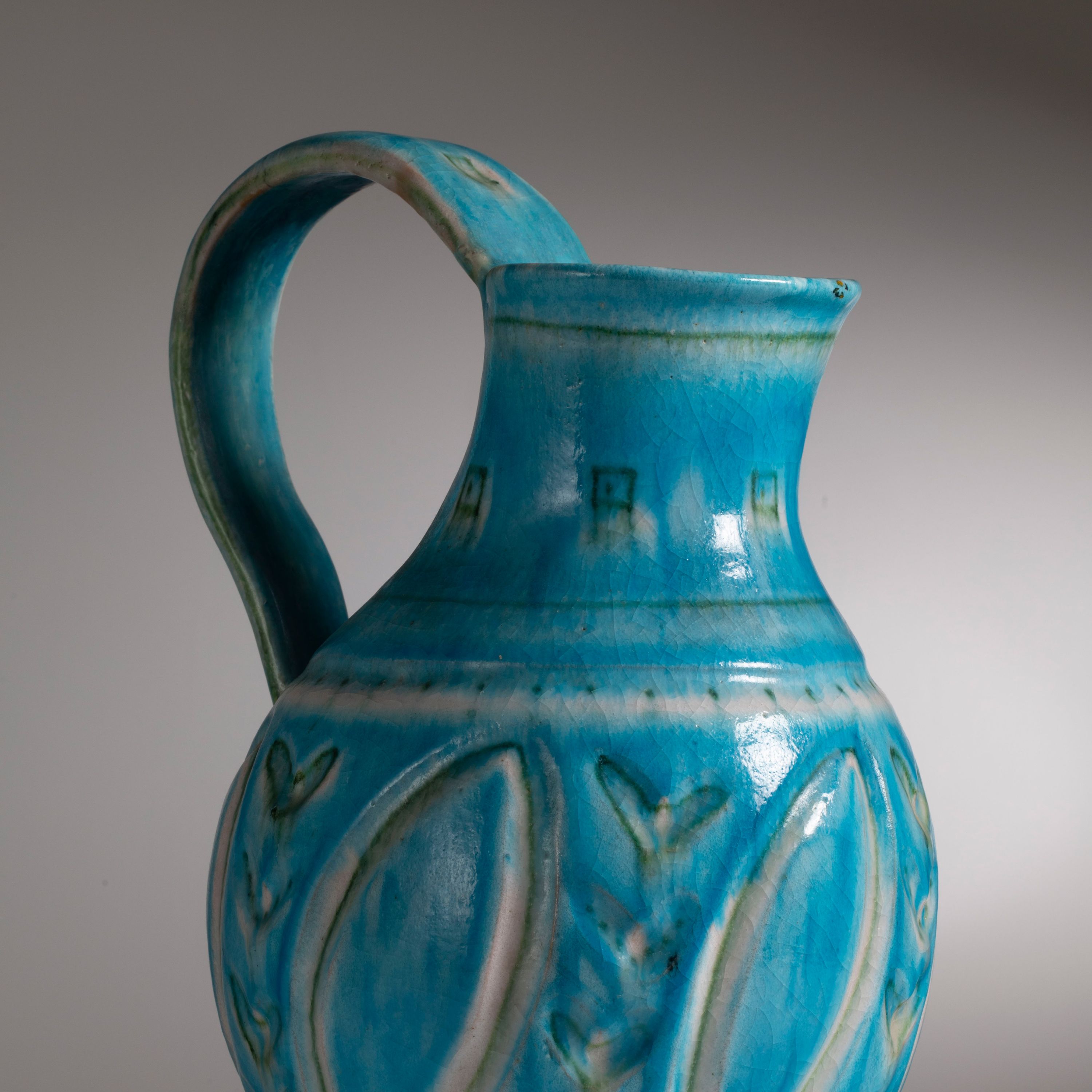 Geometric Turquoise Pitcher by Guido Gambone