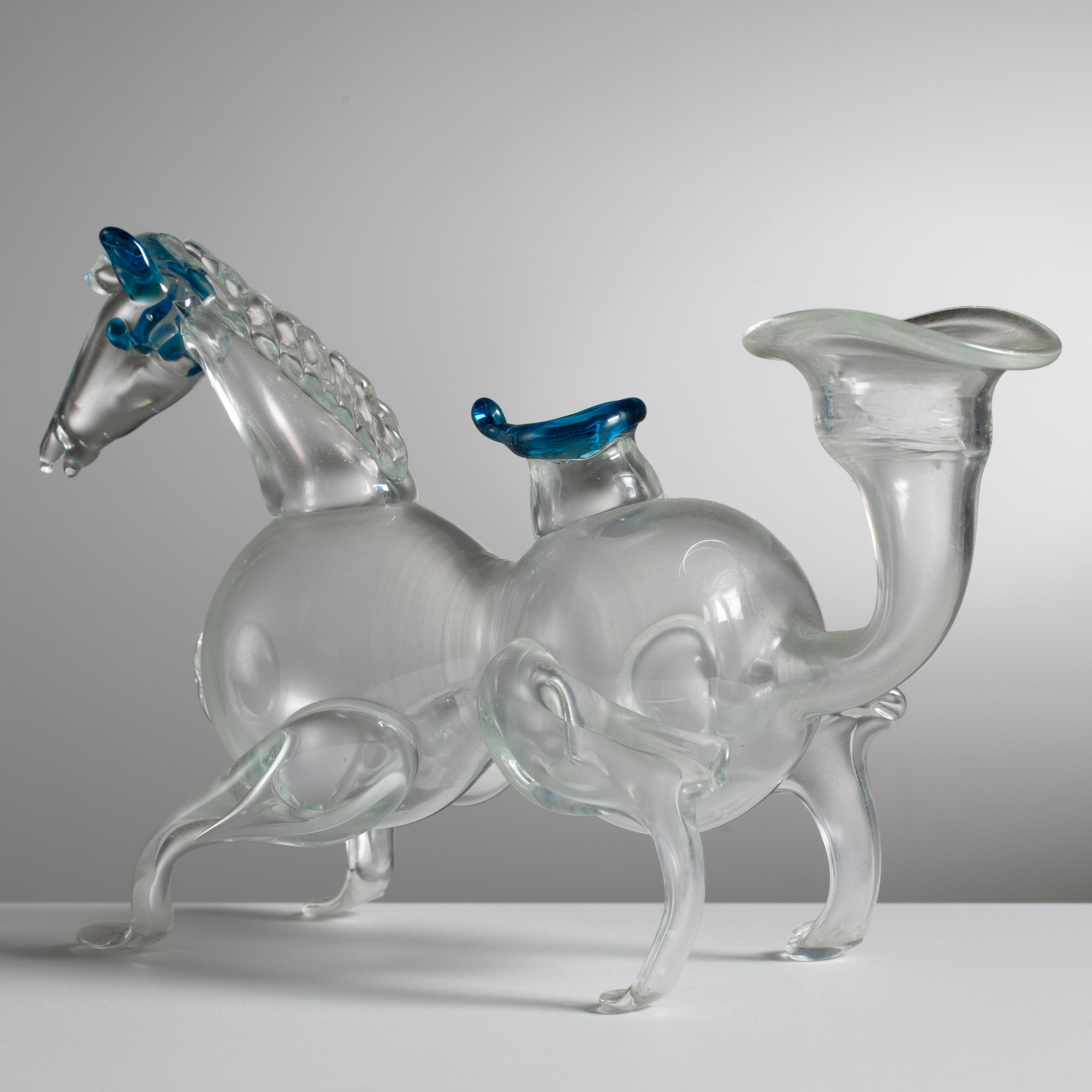 Renaissance-Revival Zoomorphic Blown Glass Oil Lamp in Opalescent and Blue Glass