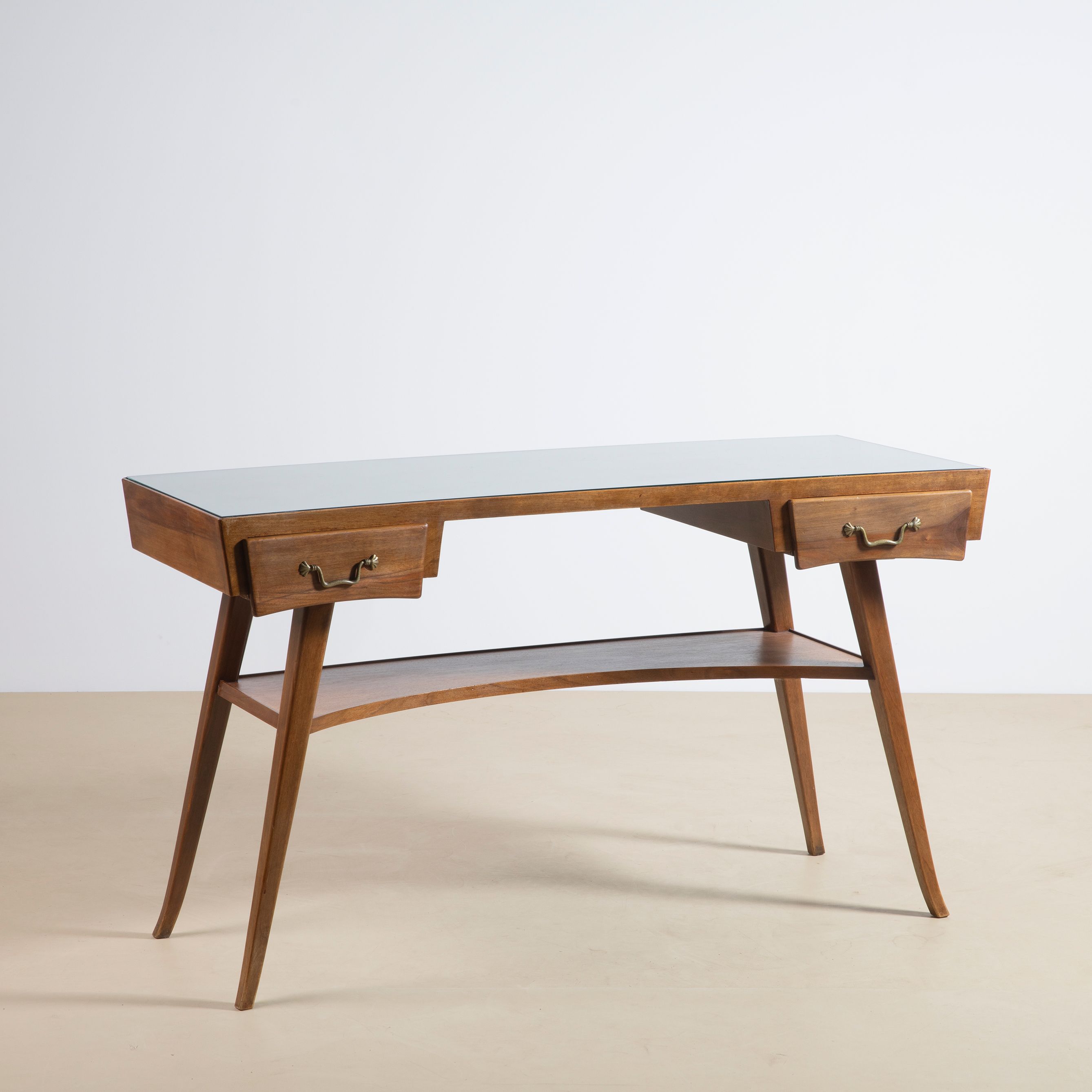 Mid-Century Italian Desk in Walnut with Glass Top