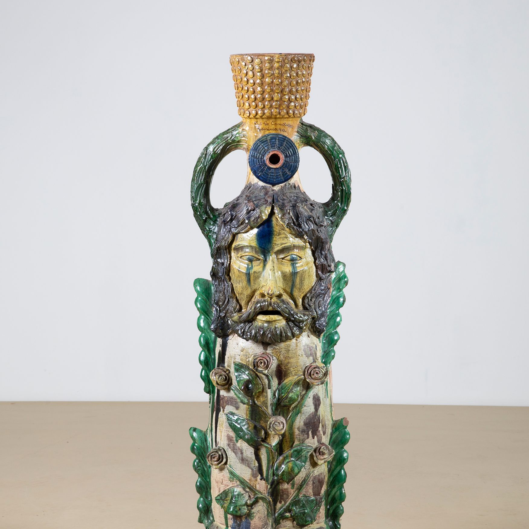 Monumental Seminara Glazed Ceramic Vase with Floral Reliefs and Anthropomorphic Mask