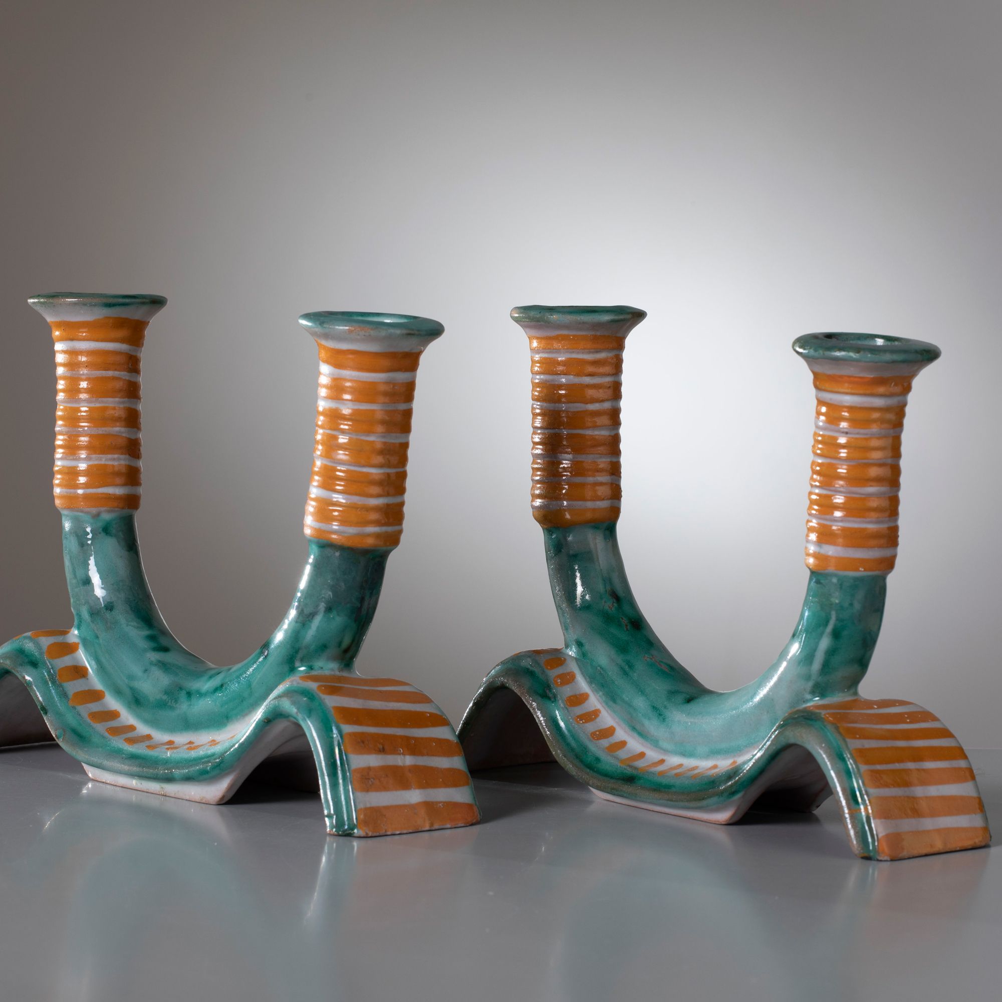 Pair of Ceramic Candle Holders by ICS Vietri, Cantagalli Period