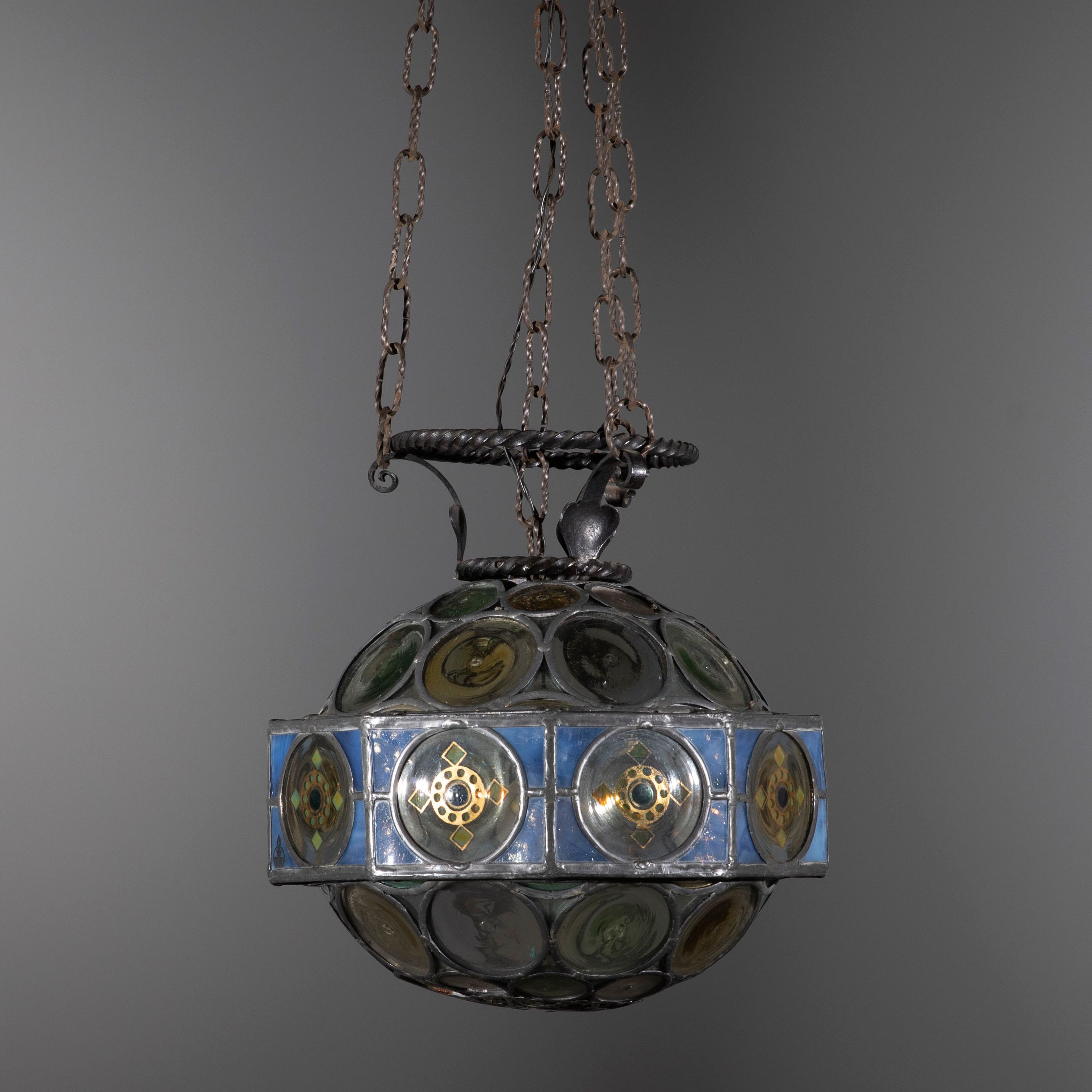 Rare Florentine Liberty Period Wrought Iron and Lead Glass Lantern Chandelier