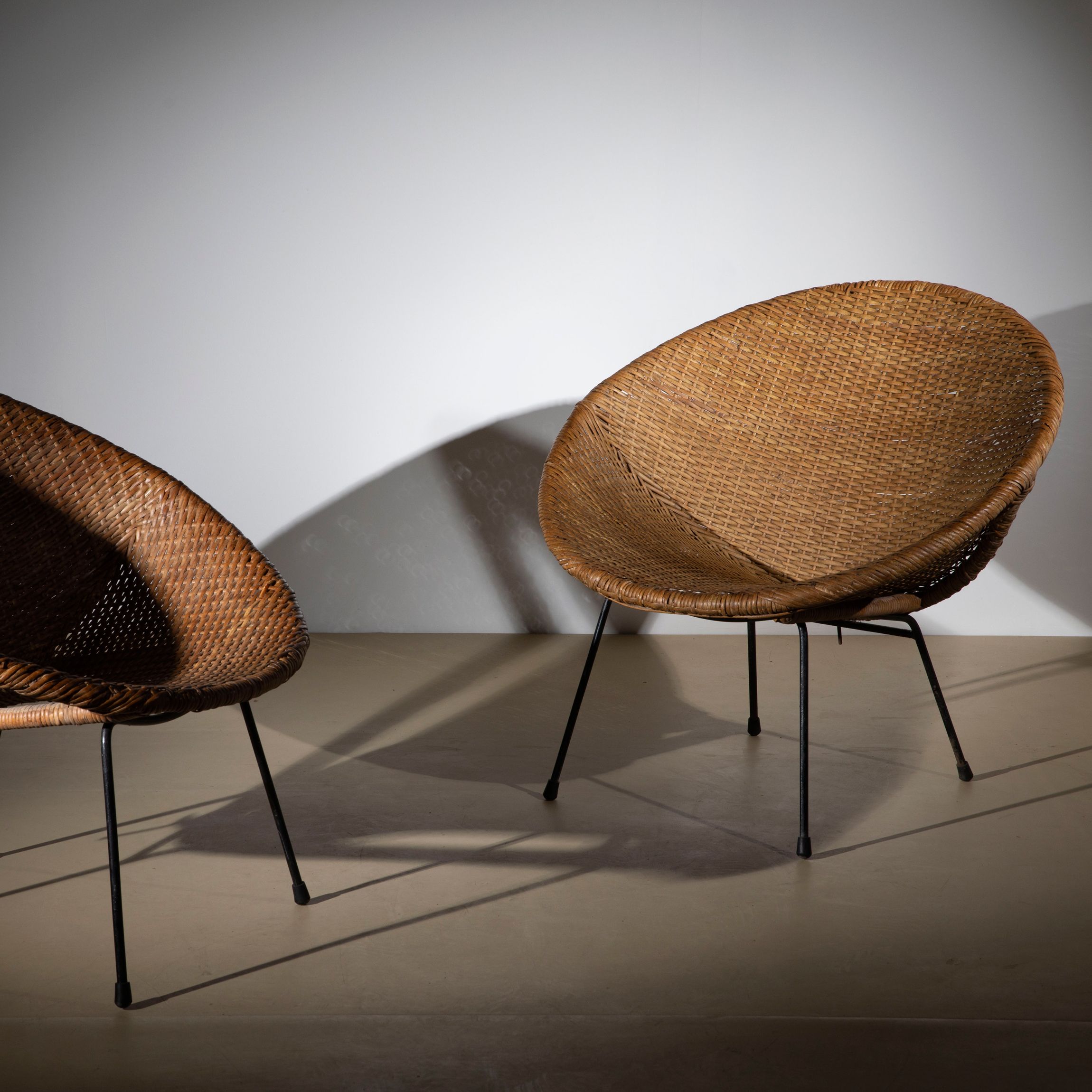 Pair of Mid-Century Modern Woven Rattan and Metal Cone Chairs