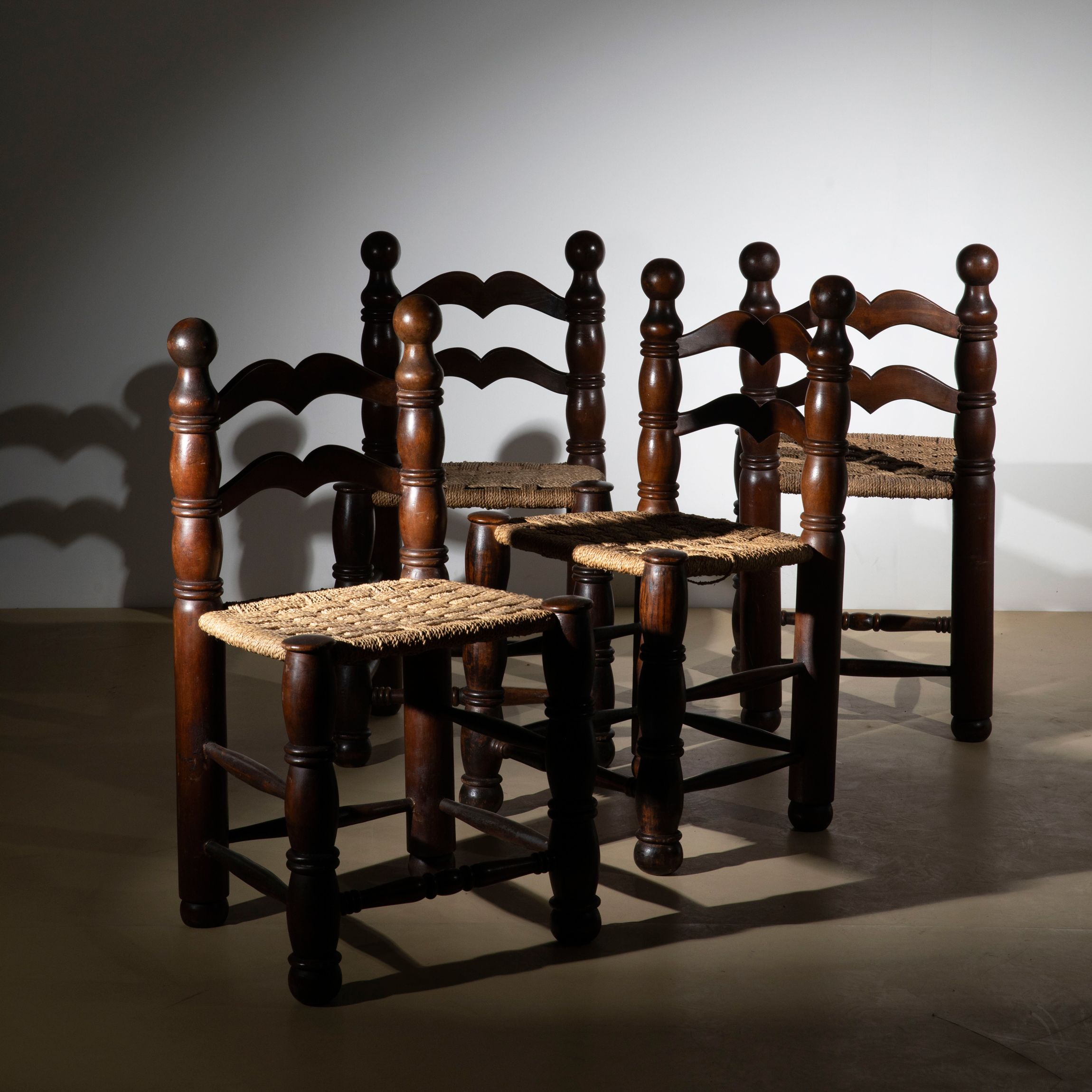 Set of 4 Woven Straw Dining Chairs in the Style of Charles Dudouyt